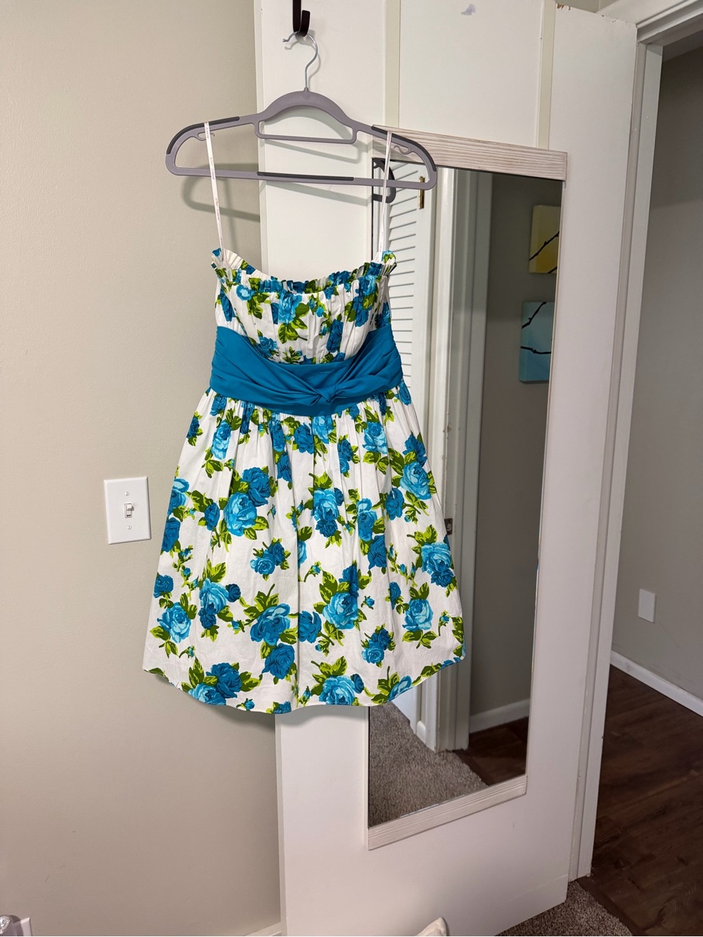 Blue Floral Strapless Dress with Waist Sash
